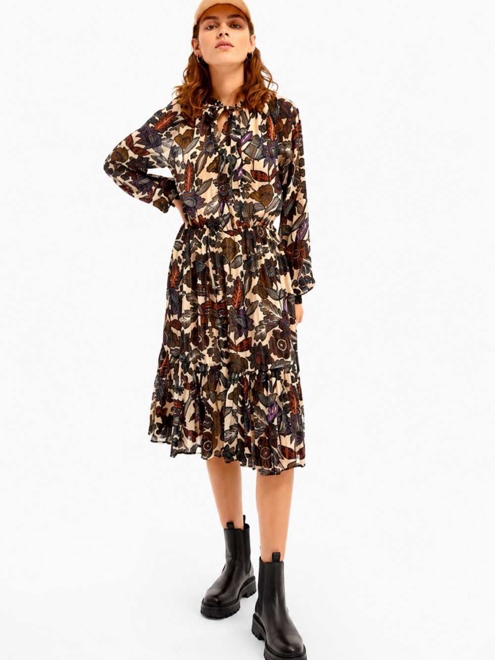 Scotch & Soda Floral Long-Sleeve Tiered Midi Dress in Cream, Brown and Purple